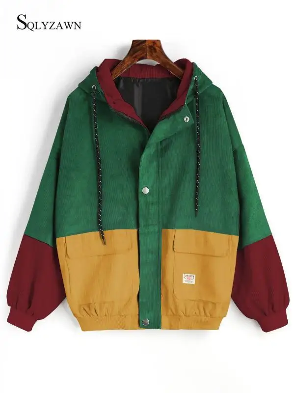 

Color Block Long Sleeve Corduroy Women Jacket Patchwork Autumn Women Jacket Plus Size Women Zipper Pockets Female Outwear Coat