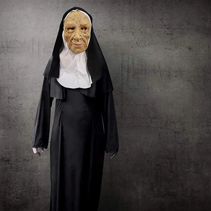 Molezu The Nun Mask with Veil Halloween Latex Costume Props Old Woman Face Mask with Headscarf