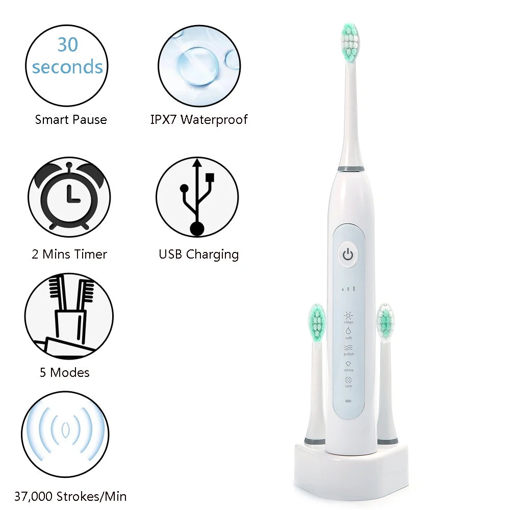 

Rechargeable Smart Electric Toothbrush + 3 Tooth Heads + USB Charging Base 5 Working Modes Timer IPX7 Waterproof White