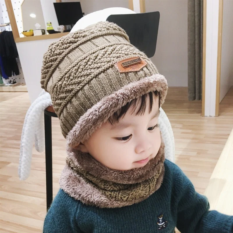 Теплый комплект, 3-8 лет, 2 предмета, шапка для девочек и мальчиков+ шарф, комплект для малышей, Детские Зимние теплые меховые шапки с круглым вырезом, шарфы, Детская вязаная Круглая Шапочка+ шарф
