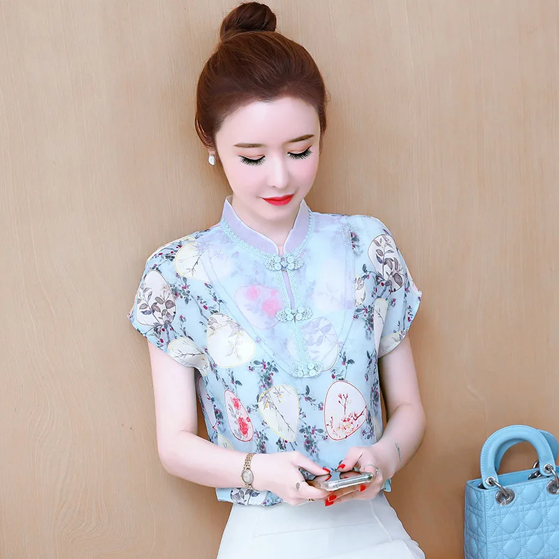 6Color Chinese Style Retro Qipao Tops Vietnam Women Cheongsam Vintage Floral Print Qi Pao Tee Shirts Party Wedding Hanfu T-Shirt