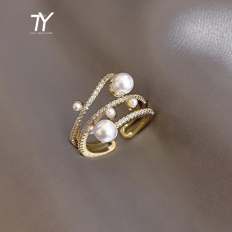 Luxuriöser und exquisiter dreilagiger Perlen-Goldfarben-verstellbarer Ring für Damenschmuck, koreanische Mode, Mädchen, ungewöhnliche Accessoires