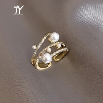 Luxurious and Exquisite Three-Layer Pearl Gold Adjustable Ring For Woman Gothic Jewelry Korean Fashion Girls Unusual Accessories