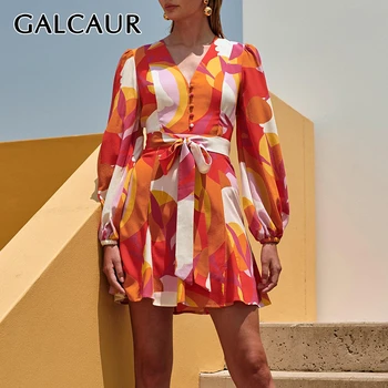 

GALCAUR Korean Print Hit Color Dresses Female V Neck Lantern Sleeve High Waist Lace Up Bowknot Mini Dress Women 2020 New Clothes