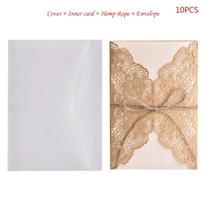  10pcs/set Hollow Lace Wedding Party Invitation Cards With Kraft Paper Inner Sheet Envelopes Hemp Ro - 4000576011339