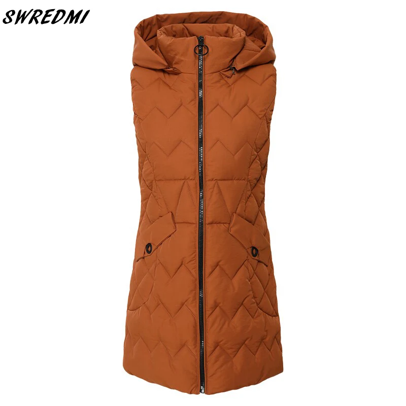 SWREDMI Winter Hooded Warm Vests For Women Long Waistcoat Outwear Snow Wear Ins Solid Sleeveless Down Cotton Jackets And Coats