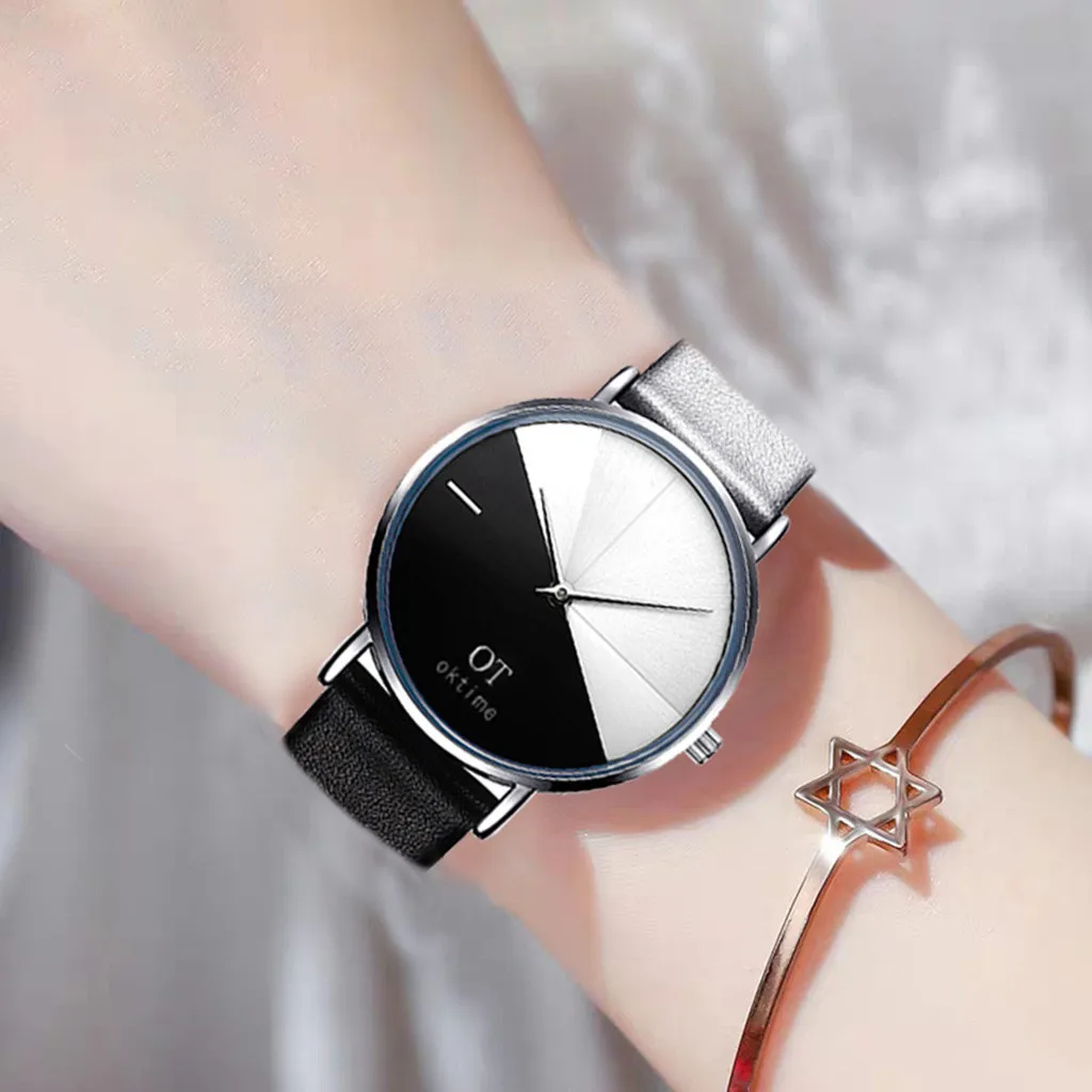 Уникальные креативные черные белые кварцевые кожаные Наручные часы женские подарки градиентный цвет женские часы из розового золота reloj hombre