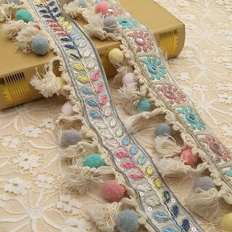 1yards Ethnic Style Embroidered Jacquard Tassel Hairball Lace Ribbon diy Home Textiles Clothes Hat Decoration Accessories ribbon decoration ribbon supplies