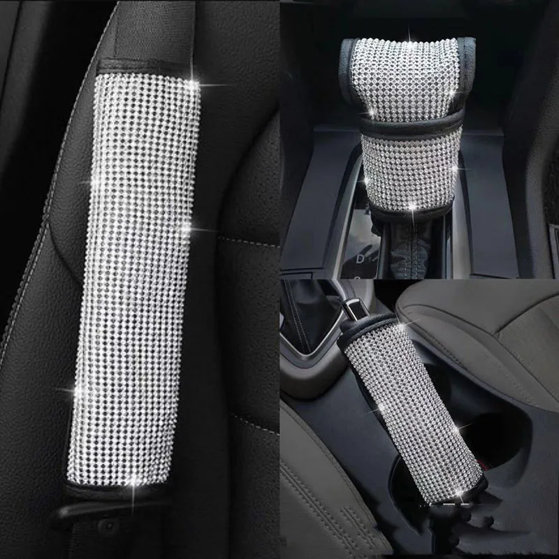 Car Gear Shift Collars Diamond Crystal Car Handbrake Cover Auto Steering Wheel Cover Seat Belt Cover Neck Pillows Seat Cushions