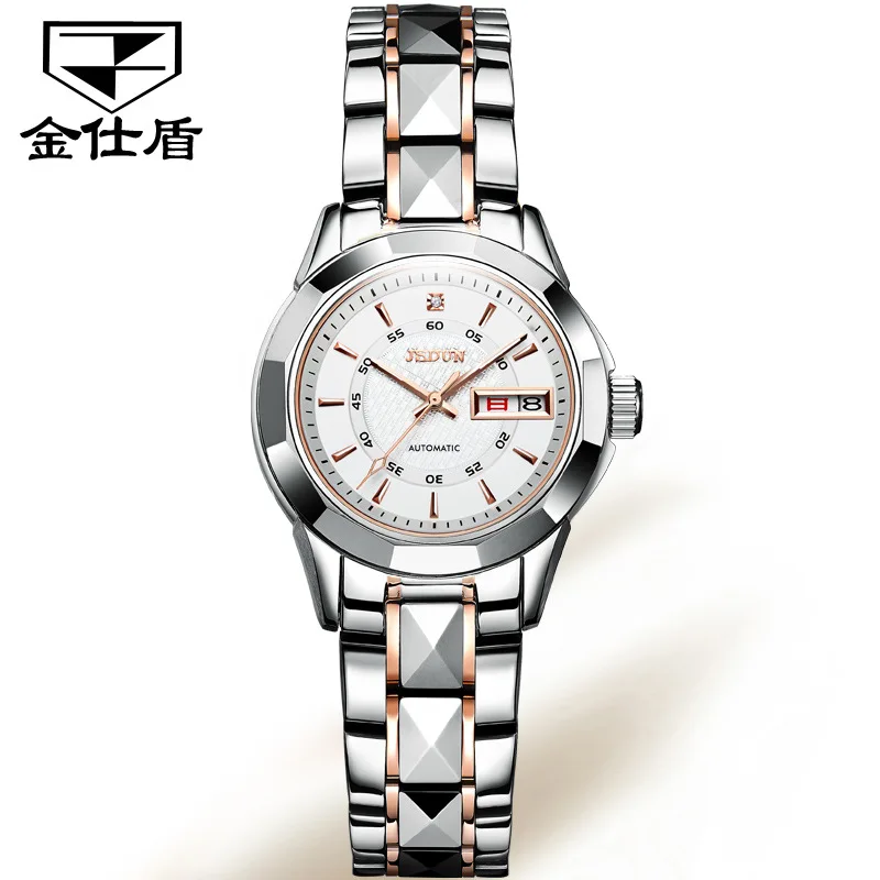 JSDUN роскошные механические часы из вольфрамовой стали, водонепроницаемые женские часы с двойным календарем, автоматическая женская Подарочная посылка - Цвет: 8014-k-1