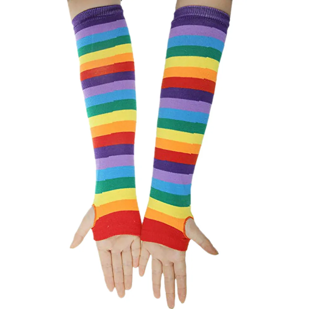 

Women Autumn Knit Elbow Length Straight Warm Winter Women Long Glove Fashion Girls Rainbow Fingers Long Striped Gloves Gifts