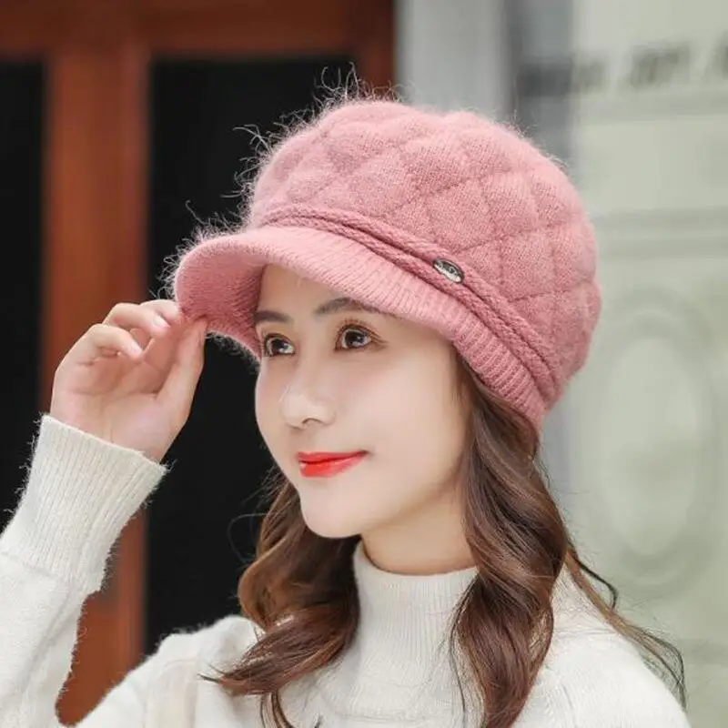 Autumn Winter Hats for Women Warm Thick Rabbit Fur Hats Women Newsboy Berets Ladies With Woolen Knitted Hat Female Caps