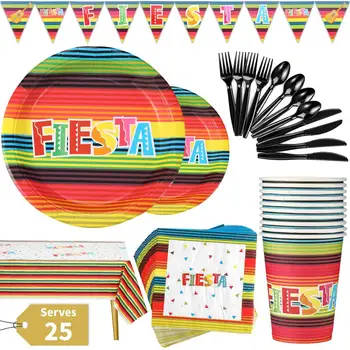 

Fiesta Party Supplies 177PCS Mexican Theme Birthday Decoration Disposable Dinnerware Set Plates, 9oz Cups & More, Serves 25
