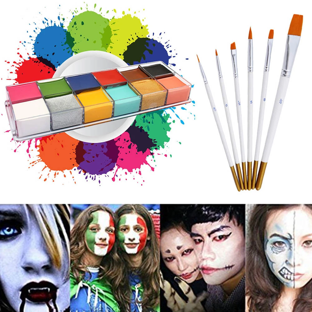 

12 Color Festival Body Painting Play Clown Halloween Makeup Body Face Paint Flash Tattoo With Brush Set Color Run Decoration B4