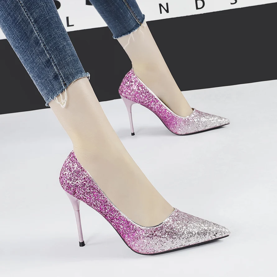 

high Heels wedding shoes women glitter bling slip on pumps mixed color pointed toe slides shallow Stilettos sexy zapatos mujer