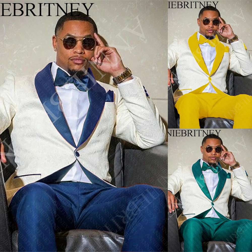 

Белый Жаккардовый мужской костюм, модель 2021 года, блестящее мужское смокинг для жениха, индивидуальный пошив, платье для выпускного вечера, комплект из 2 предметов