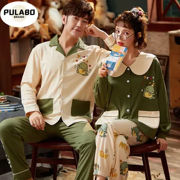 

2020 Autumn Couple Pajamas set 100% Cotton Loose Pyjamas Women Men Long Sleeve Homewear Lovers Nightgowns Pajama Set