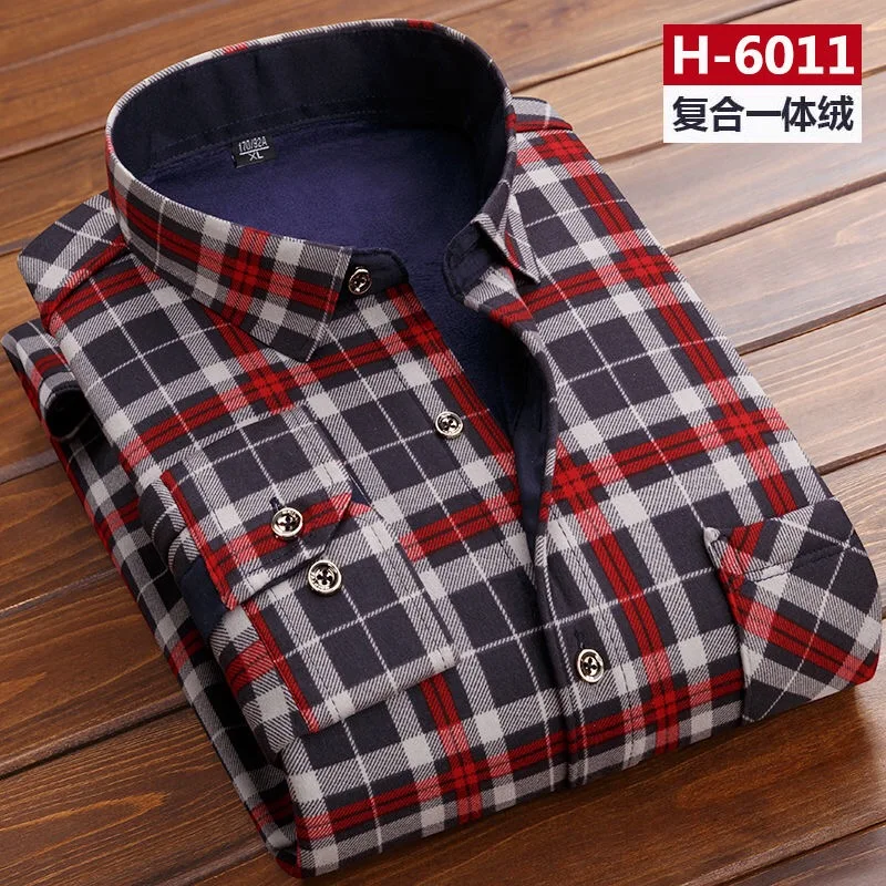 H-6011 QIHUANG зимние утолщенные теплые мужские рубашки модные тонкие мужские рубашки размера плюс L-5XL мужские рубашки - Цвет: H-6011