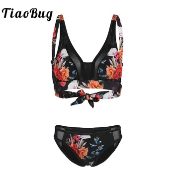 

Women's Floral Printed Swimsuit Swimwear Bathing Suit Adjustable Straps Padded Push Up Tie Back Bra with Bottoms Sexy Bikini Set