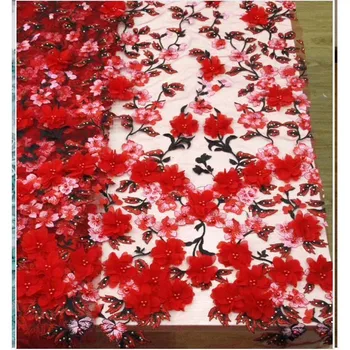 

Luxury Red Flower Embroidery Tulle Lace Cloth French Net Lace Fabric With 3D Appliques For DressHNZ328(5yards/lot)