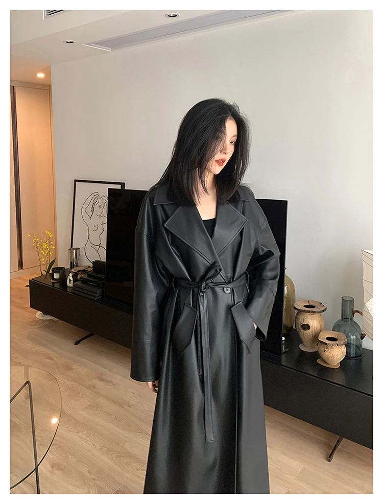 Lautaro Spring Autumn Long Oversized Black Leather Trench Coat for Women Sashes Single Button Loose Stylish Korean Fashion 2021 black parka