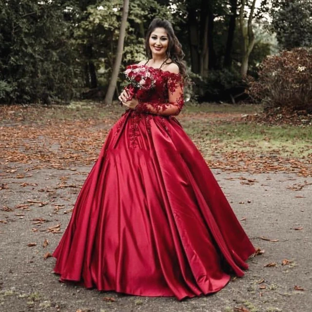 Dark Red Engagement Dress with Long Balloon Sleeves – Betty & Sam