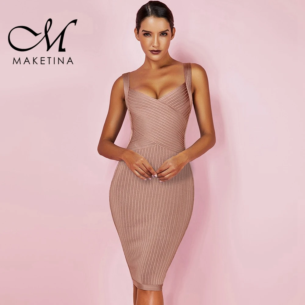 Maketina новое летнее женское облегающее Бандажное платье, сексуальное коричневое Бандажное платье, Полосатое Клубное платье, вечерние платья знаменитостей