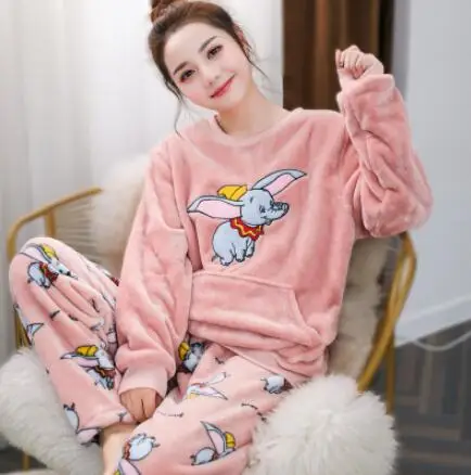 korean Flannel Warm Pajamas for Women Long Sleeve Home Suit Ladies sleepwear Velvet Pajama set Thick Feminino Pants Pyjamas - Цвет: Beansand elephant