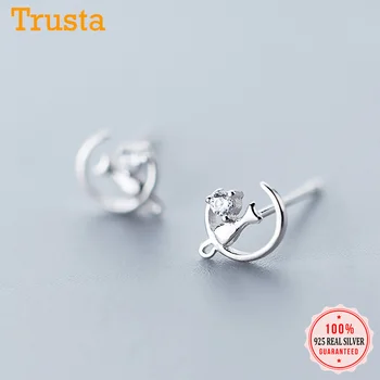 

Trustdavis Real 925 Sterling Silver Fashion Sweet Moon Cat CZ Charm Stud Earrings For Women Wedding Party Fine Jewelry DA1547