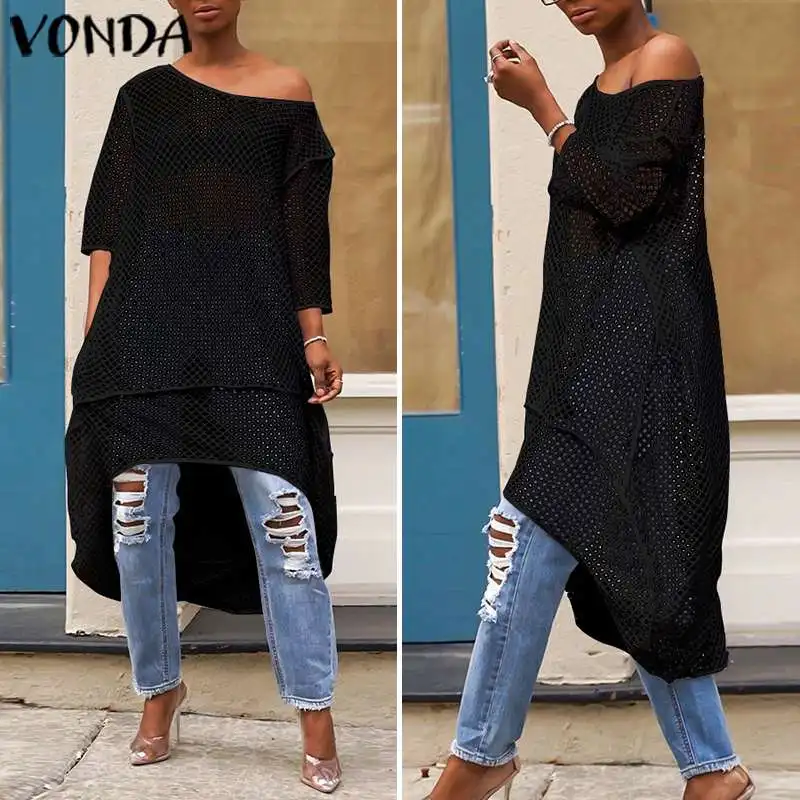 VONDA Asymmetric Tops Women See Thought Blouse Beach Shirts 2020 Summer Bohemian Mesh Tops Hollow Long Blouse Plus Size Blusa - 4.00048E+12