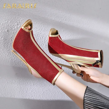 

Sarairis 2020 New Arrivals Flock Thin High Heels Shoes Woman Boots Female Peep Toe Zip Up Summer Boots Women Shoes