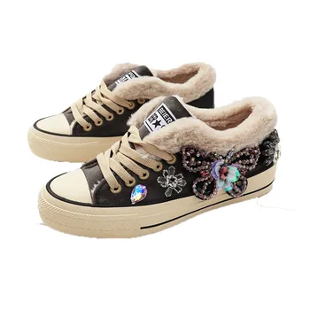 

Glitter Sequins Rhinestone Shoes Women Winter Sneaker Plush Fur Warm Winter Canvas Shoes Ladies Trainers Vulcanized Shoes Woman