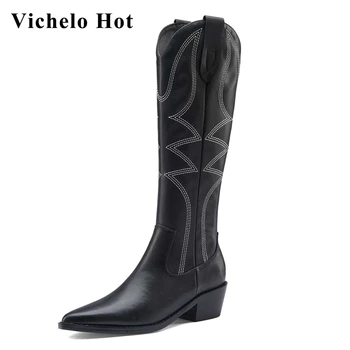 

Vichelo Hot hot sale western boots split leather mixed colors pointed toe thick med heel zipper young girls knee-high boots L93