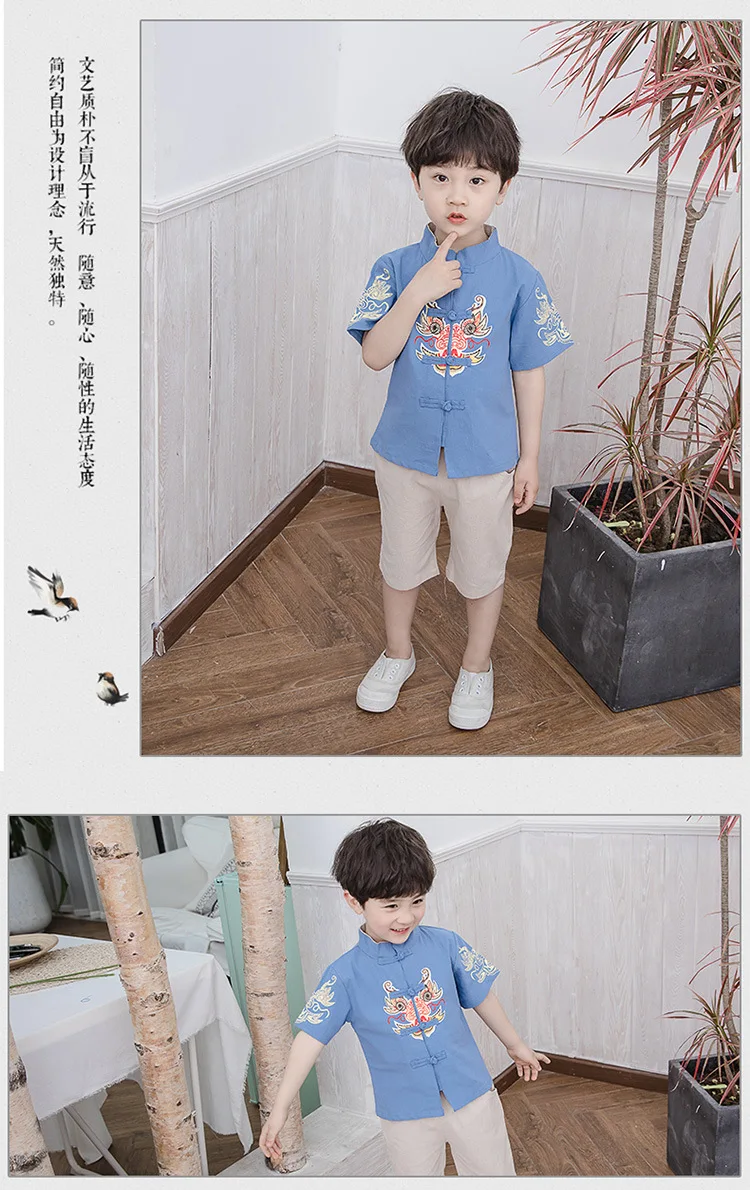 Children Chinese Costume Chinese Clothing Summer Men And Women Children Wind Printed Short Sleeve Two-Piece Set Baby Chines