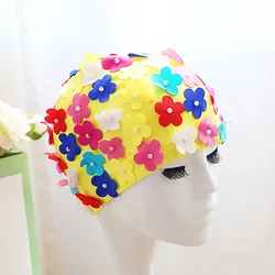 Bathing Cap Women Daisy Flower Pattern Printing Bonnet Nightcap Double Layer Ruched Head Wrap Elastic Sleep Cap