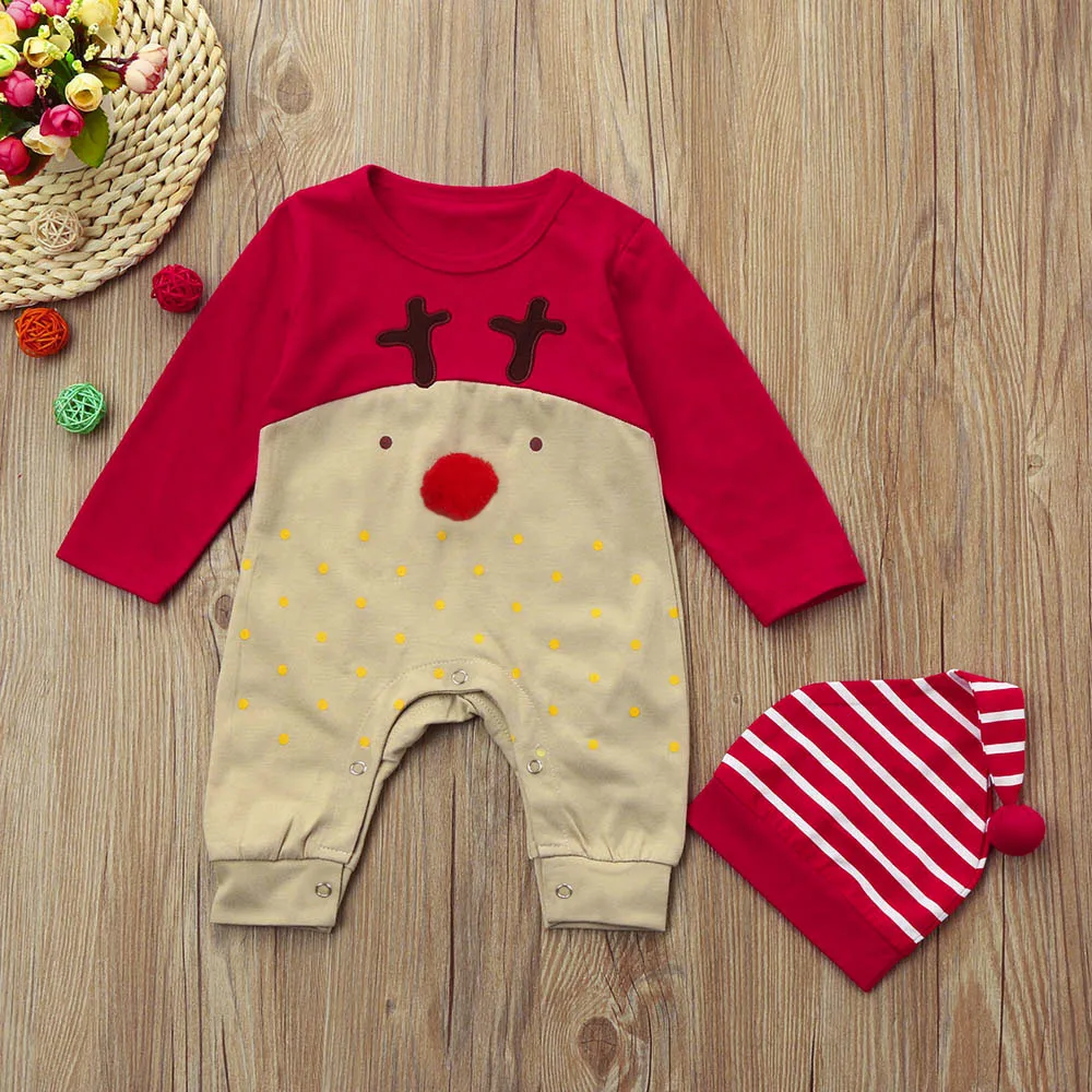 Рождественский костюм для новорожденных; комбинезон+ шапка; комплект одежды с принтом оленя для мальчиков и девочек; зимние рождественские боди для малышей; комбинезон