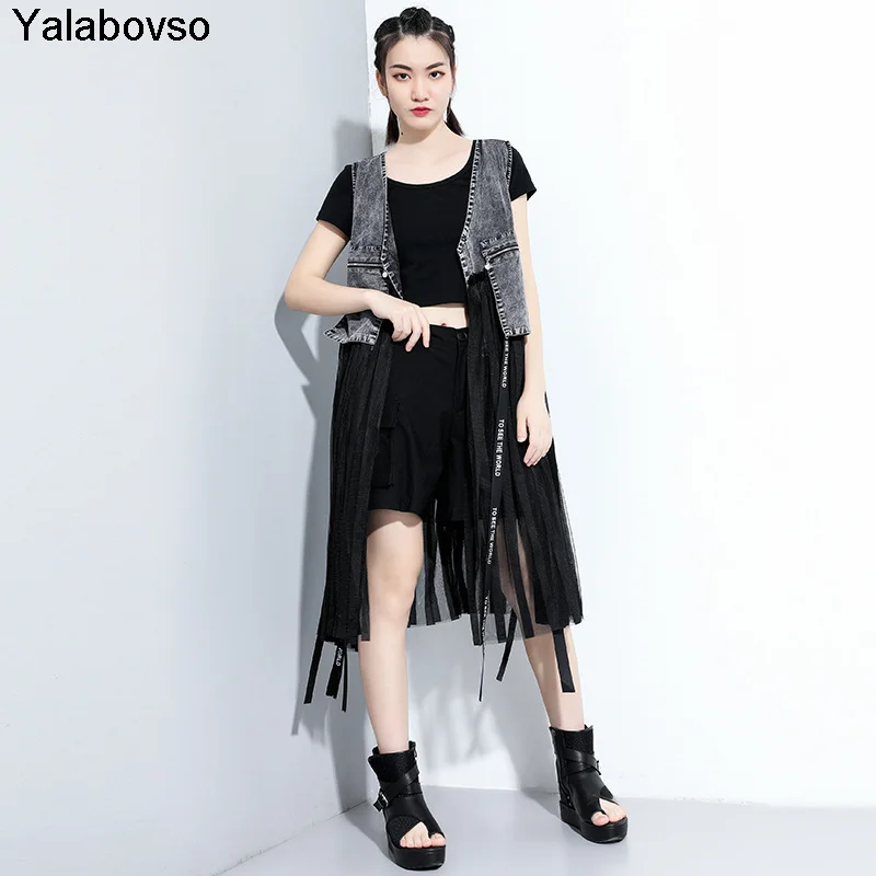 

Denim Vest Women 2020 Summer Cardigan Stitching Trend Mesh Patchwork Ribbon Dark Series Personalized Fashion Outwear Yalabovso