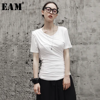 

[EAM] Women White Pleated Split Brief Temperament T-shirt New Round Neck Short Sleeve Fashion Tide Spring Summer 2020 JR496