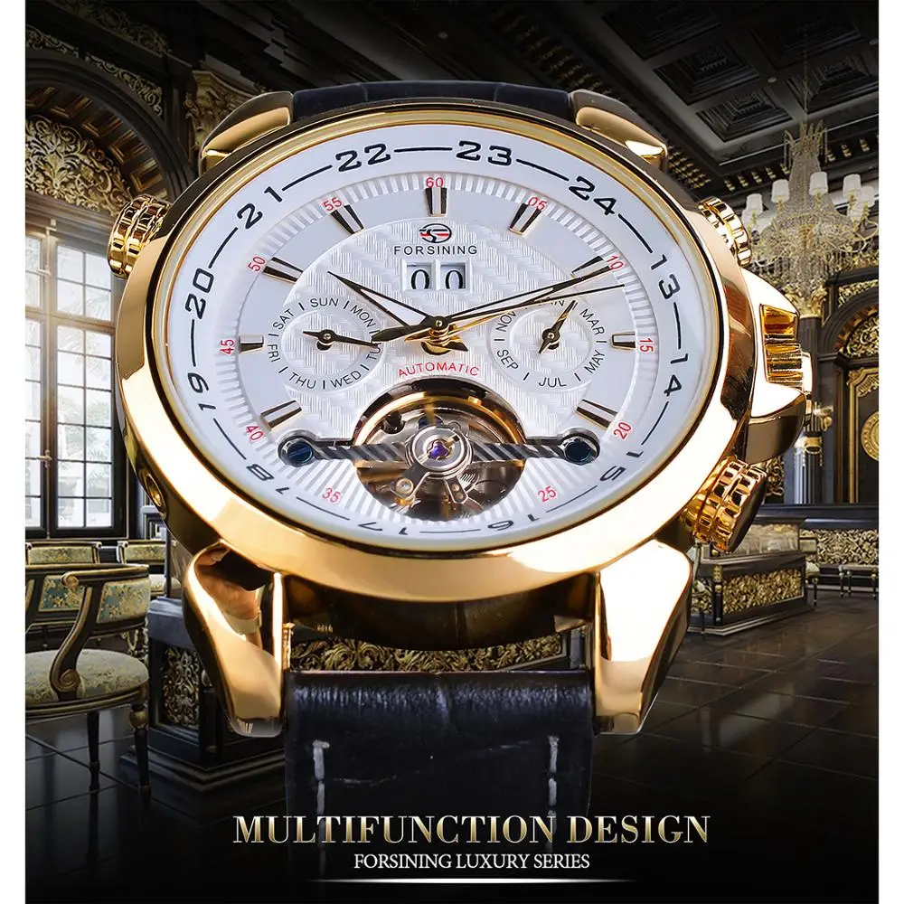 Forsining автоматические механические мужские часы модные золотые Tourbillon Moonphase Дата натуральная кожа Бизнес Спорт Montre Homme