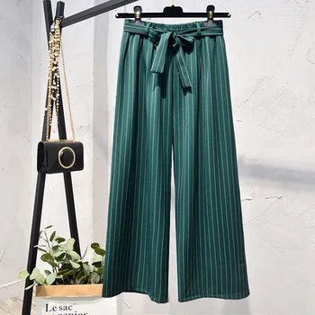 

Women Autumn High-waist Loose Striped Pants Women Summer Wide Leg Pants Women High Waisted Lace Up Pants Women