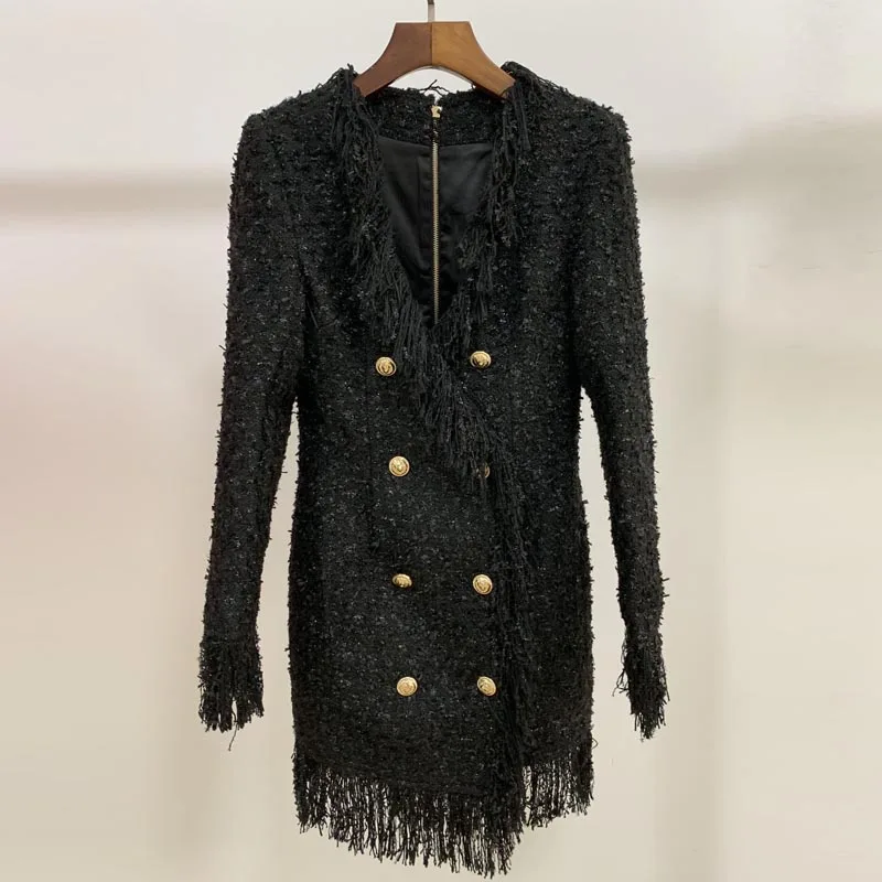 HIGH STREET Stylish Designer Dress Women's V-neck Double Breasted Lion Buttons Fringed Tassel Tweed Dress