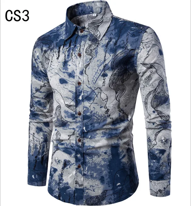 Kezrea Men's Spring and Autumn New Casual Pocket Shirt Slim Long Sleeve Linen Print Top Shirt