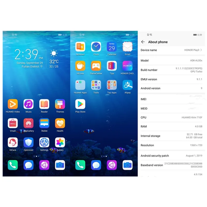 Honor Play 3 смартфон Kirin 710F Восьмиядерный Android 9,0 6,3" полный экран 48.0MP+ 8.0MP+ 2.0MP+ 8.0MP 2 слота для sim-карты+ 1 слот для Micro SD