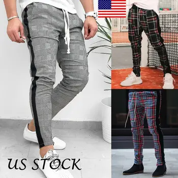 

Mens Trousers Plaid Tracksuit Bottoms Skinny Joggers Sweat Track Pants