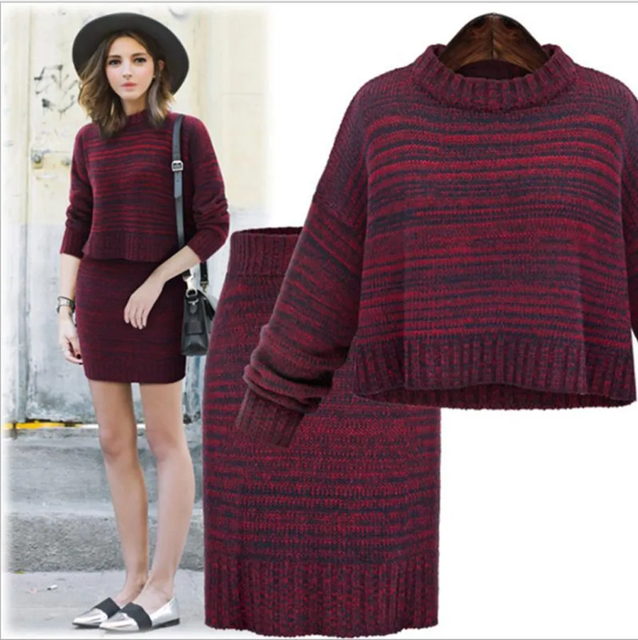 

Women Knit Sweater Suits Long Sleeve Short Pullovers Tops + Knitted Skirt 2 Pieces Sets 2019 Autumn Winter Warm Thicken Suit