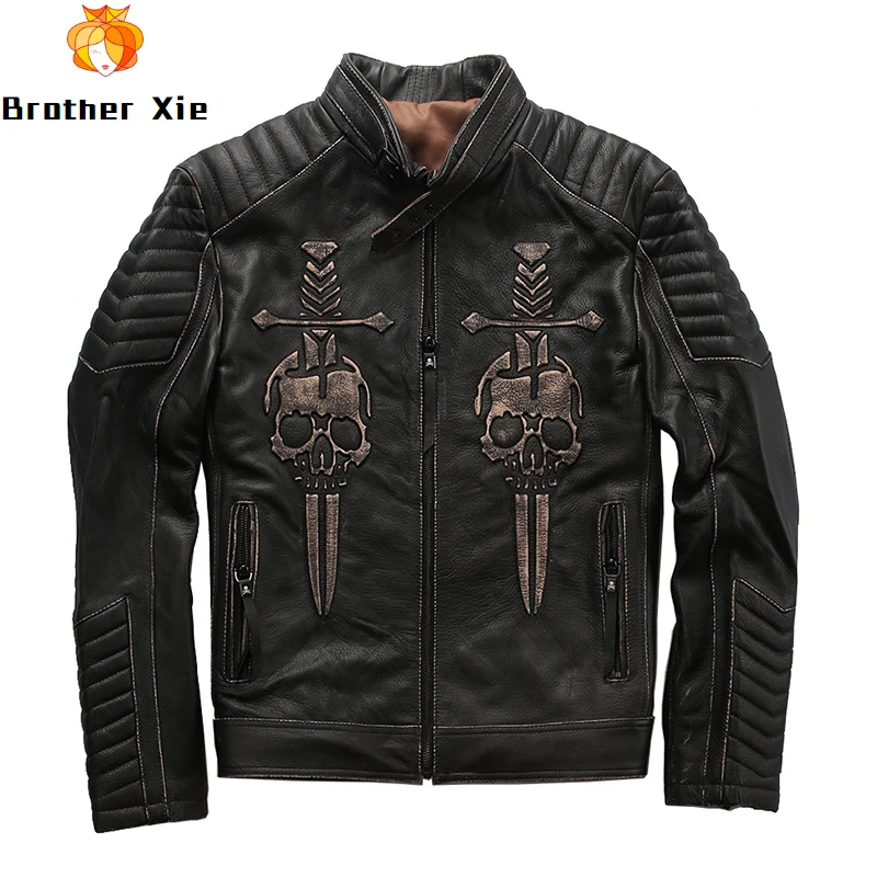 

Mens Vintage Skull Sword Genuine Leather Jacket Pleated Buttons Slim Real Cowhide Leather Jacket Male Motor Biker R3252