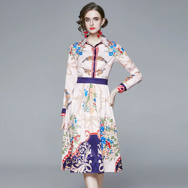 

Banulin 2020 Spring Autumn Runway Long Sleeve Midi Dress Women Vintage Chain Print Work Wear Ladies Office Dress Vestido verano