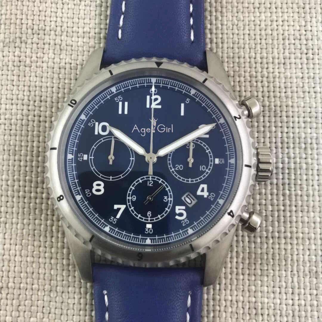 

Famous Brand New Chronograph Men Stopwatch Sapphire Chronometer Silver Black Blue Leather White Dial Sport Watch AAA+