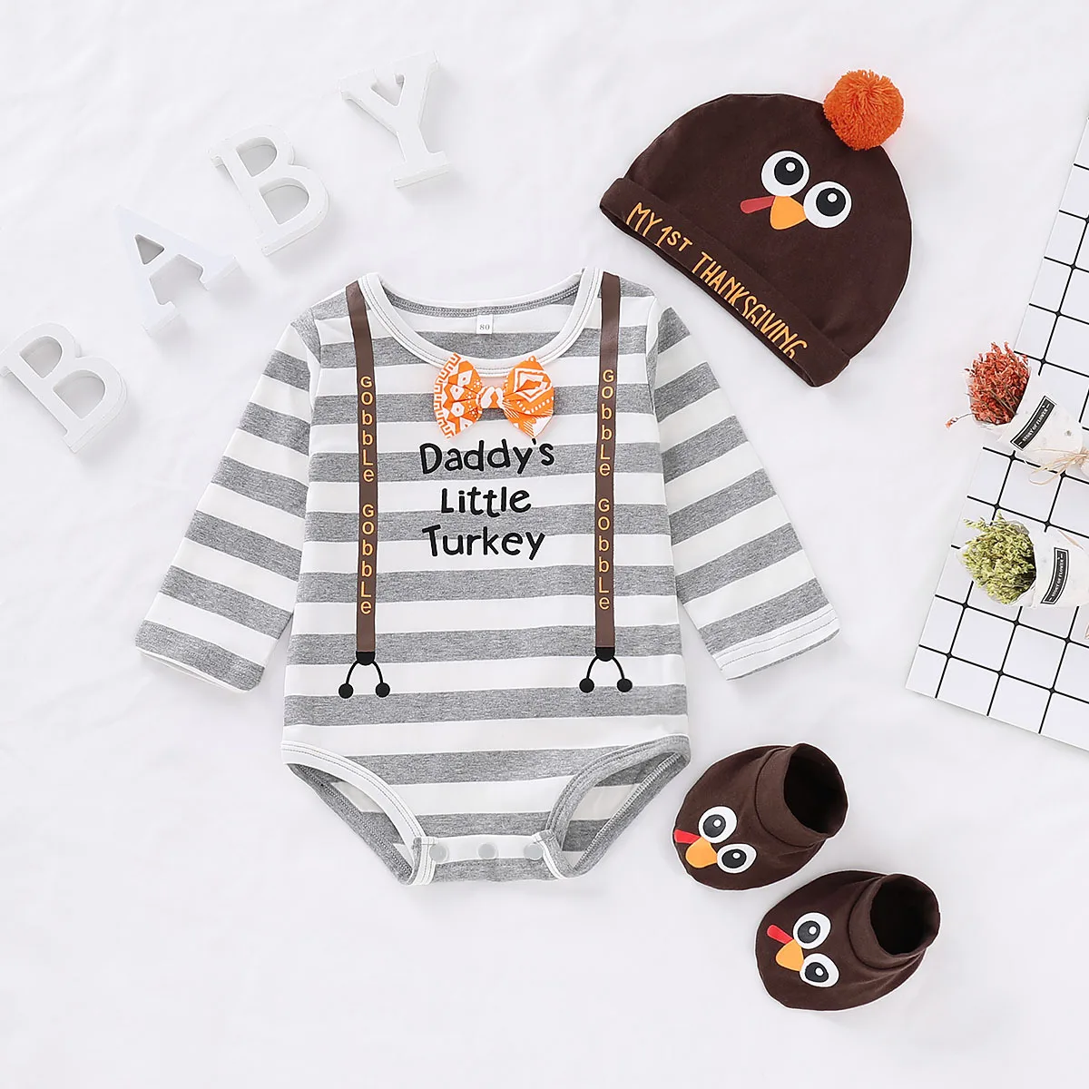 

Thanksgiving Hot Sale Turkey Striped Letter Romper 3-Piece Set-Brown 0-2 Years Old