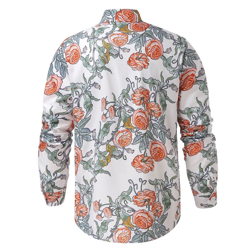 Camisa Masculina осень зима мужская Повседневная рубашка с длинным рукавом с цветочным принтом облегающая блузка Топ Гавайский стиль